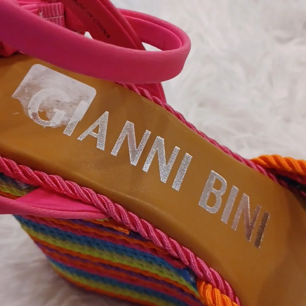 Gianni Bini Rainbow Striped Platform Sandals with Pink Straps